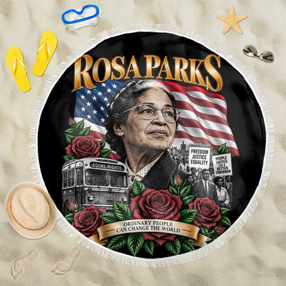Rosa Parks Civil Rights Activist Beach Blanket Vintage Bus American Flag And Red Roses Tribute Art