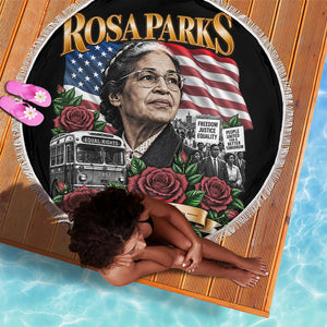 Rosa Parks Civil Rights Activist Beach Blanket Vintage Bus American Flag And Red Roses Tribute Art