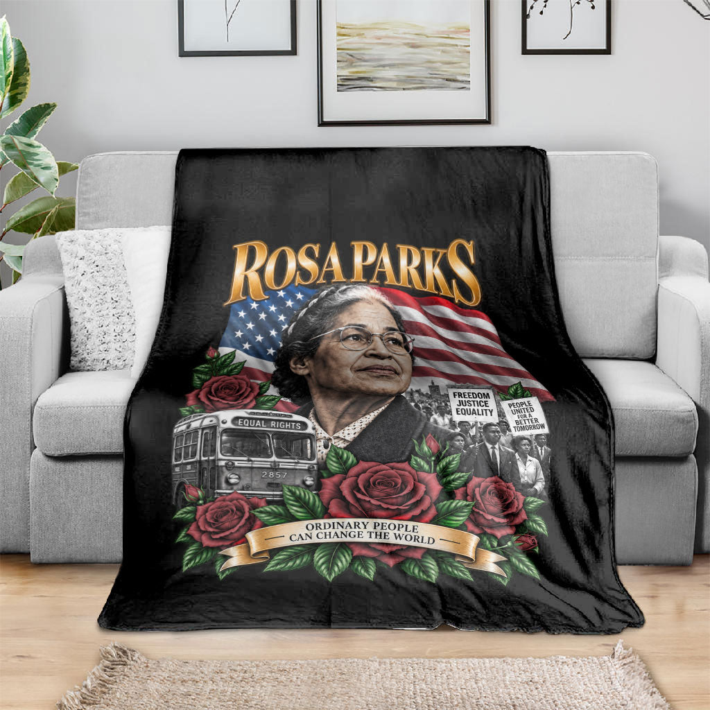 Rosa Parks Civil Rights Activist Blanket Vintage Bus American Flag And Red Roses Tribute Art