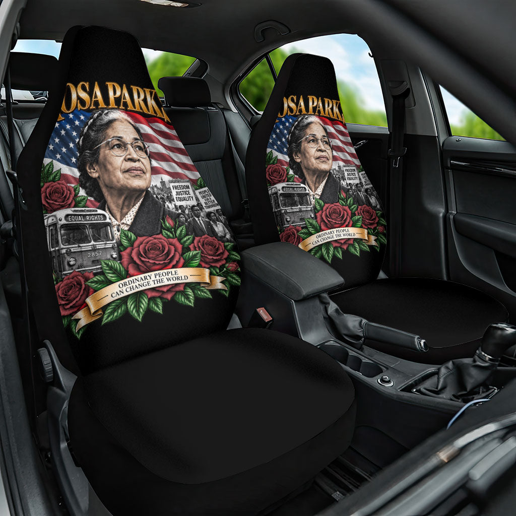 Rosa Parks Civil Rights Activist Car Seat Cover Vintage Bus American Flag And Red Roses Tribute Art