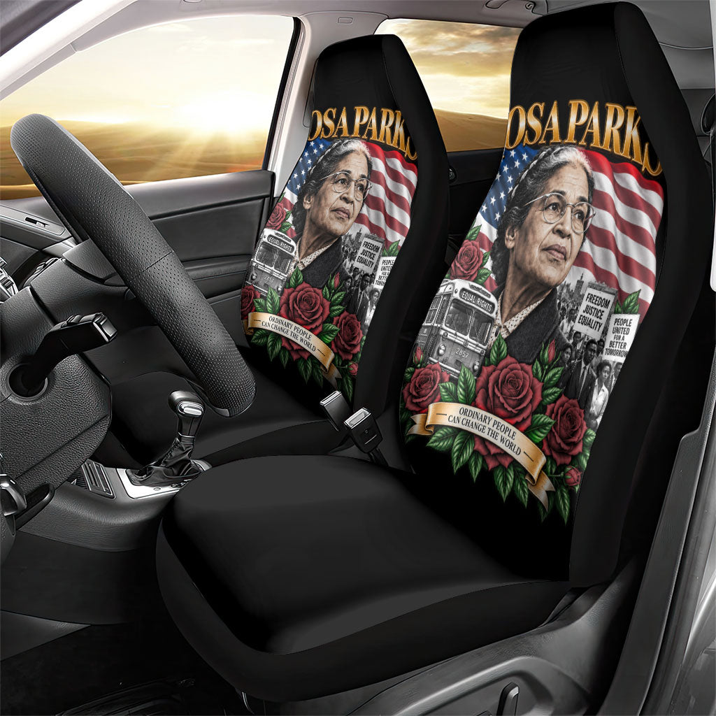 Rosa Parks Civil Rights Activist Car Seat Cover Vintage Bus American Flag And Red Roses Tribute Art