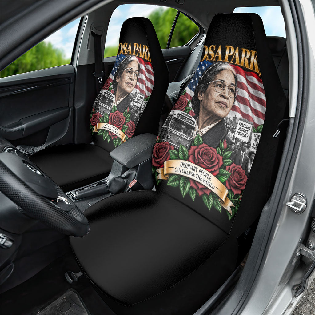 Rosa Parks Civil Rights Activist Car Seat Cover Vintage Bus American Flag And Red Roses Tribute Art