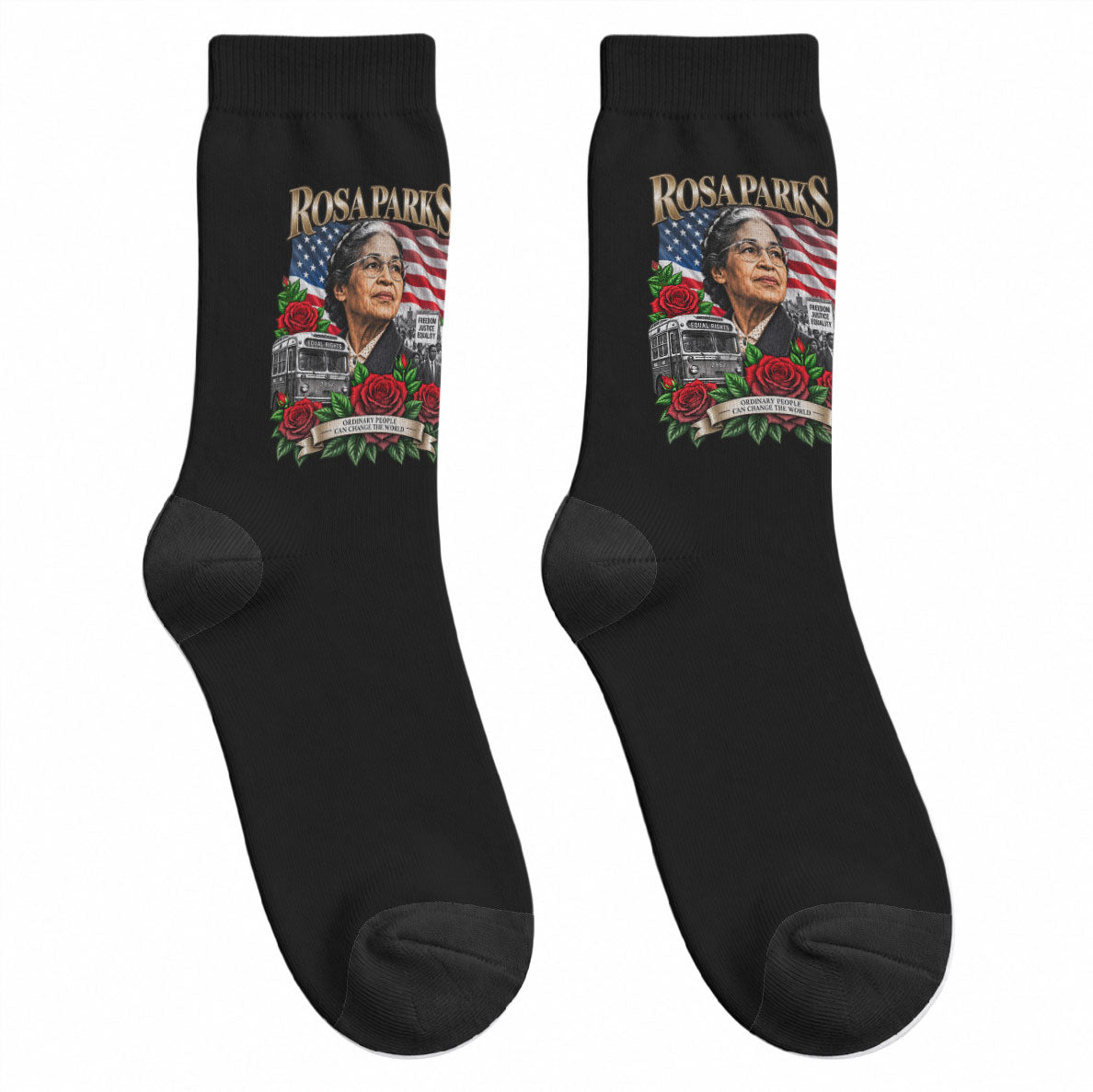 Rosa Parks Civil Rights Activist Crew Socks Vintage Bus American Flag And Red Roses Tribute Art