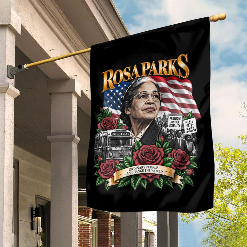 Rosa Parks Civil Rights Activist Garden Flag Vintage Bus American Flag And Red Roses Tribute Art