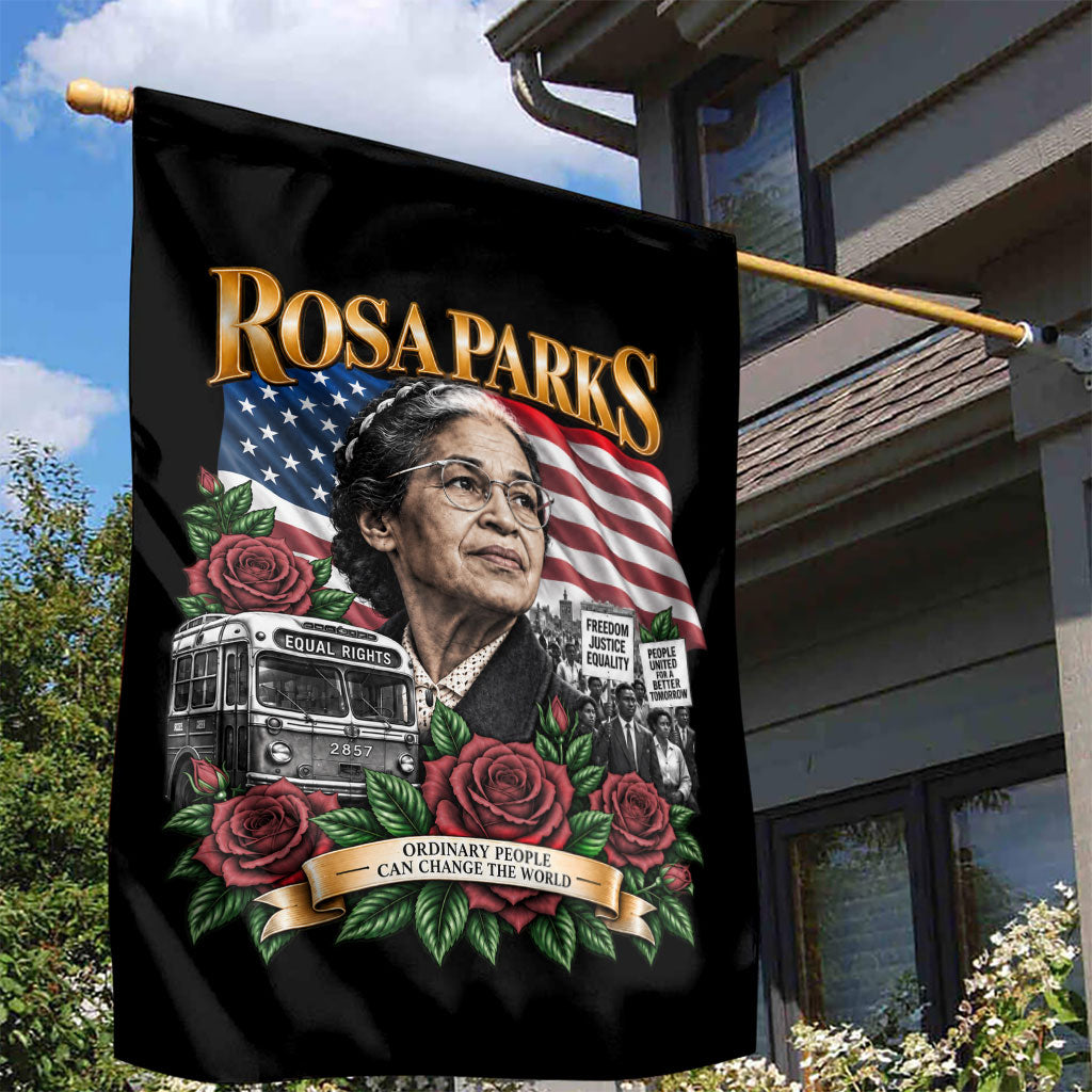 Rosa Parks Civil Rights Activist Garden Flag Vintage Bus American Flag And Red Roses Tribute Art
