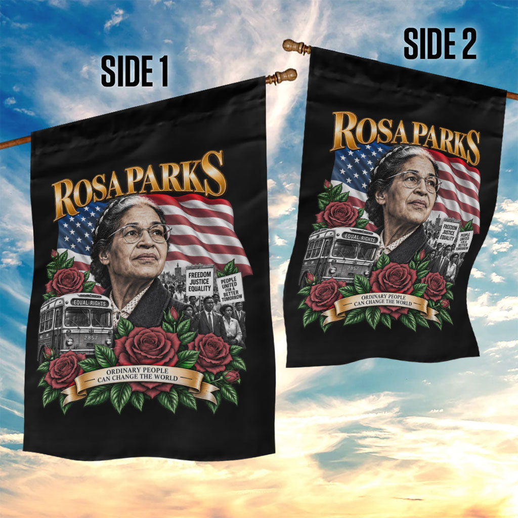 Rosa Parks Civil Rights Activist Garden Flag Vintage Bus American Flag And Red Roses Tribute Art