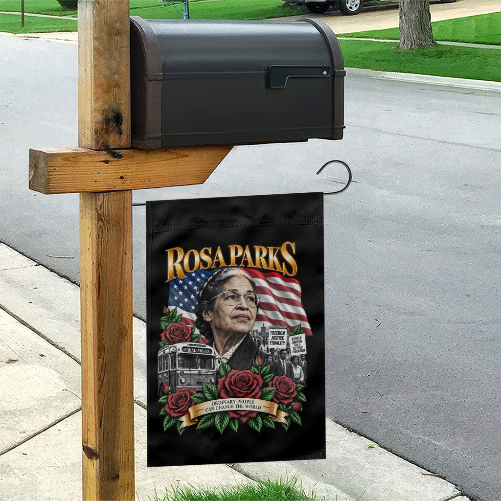 Rosa Parks Civil Rights Activist Garden Flag Vintage Bus American Flag And Red Roses Tribute Art