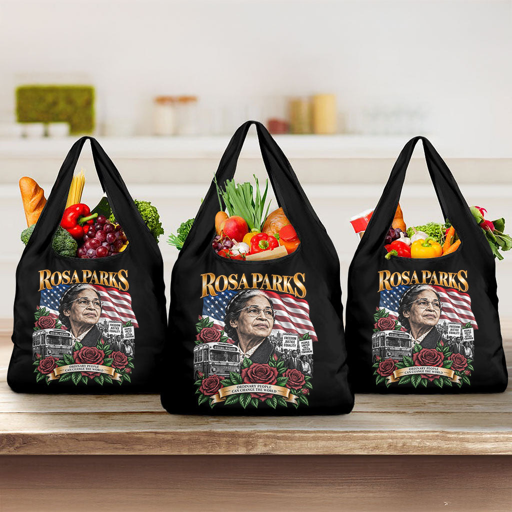 Rosa Parks Civil Rights Activist Grocery Bag Vintage Bus American Flag And Red Roses Tribute Art