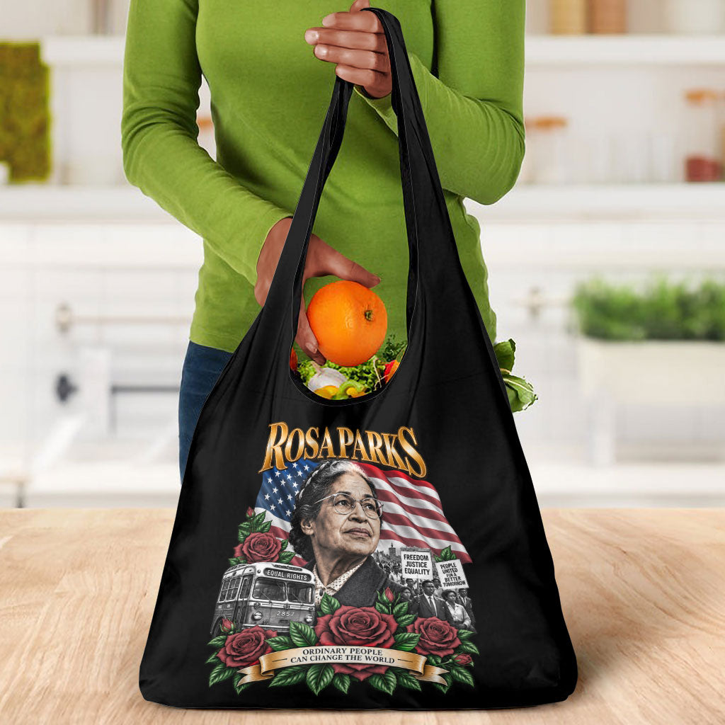 Rosa Parks Civil Rights Activist Grocery Bag Vintage Bus American Flag And Red Roses Tribute Art
