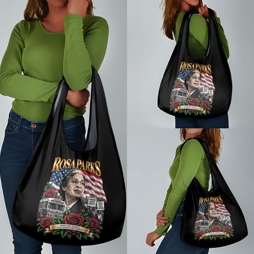 Rosa Parks Civil Rights Activist Grocery Bag Vintage Bus American Flag And Red Roses Tribute Art