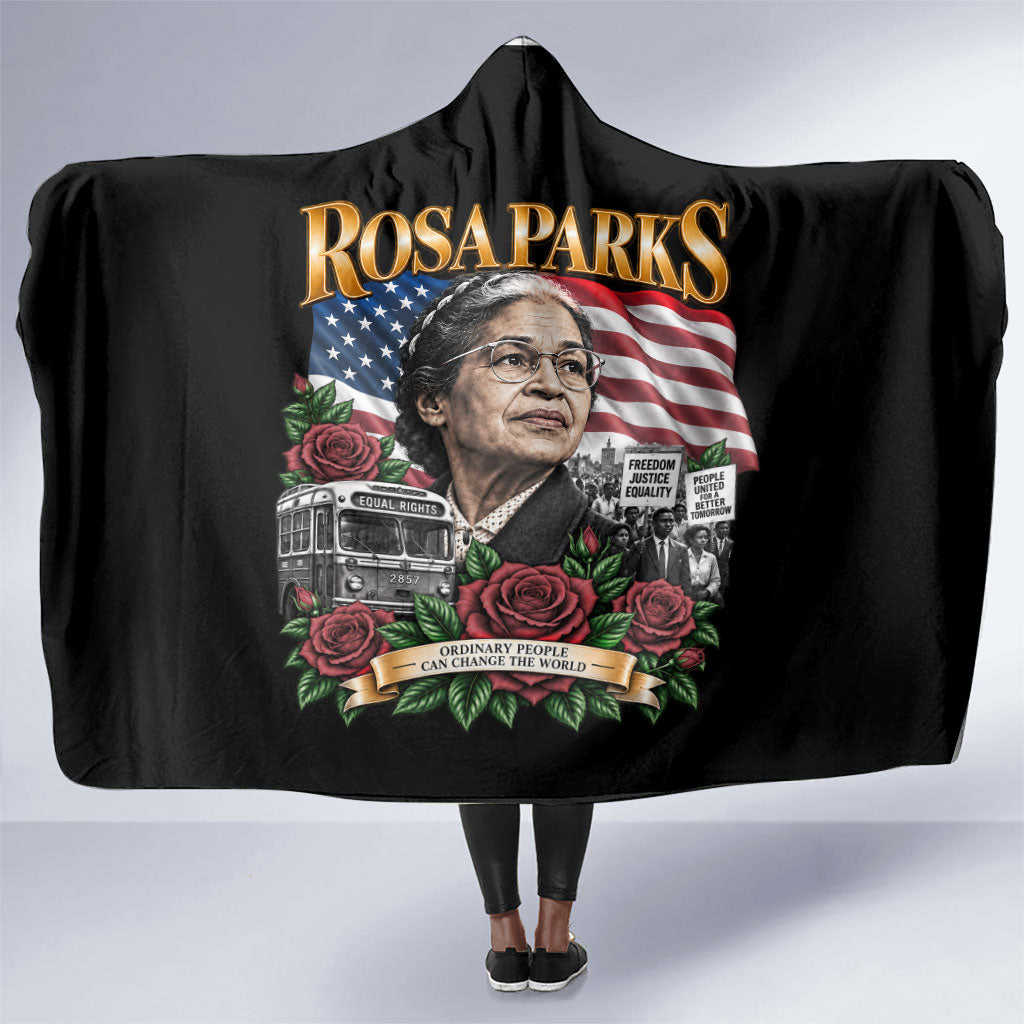 Rosa Parks Civil Rights Activist Hooded Blanket Vintage Bus American Flag And Red Roses Tribute Art