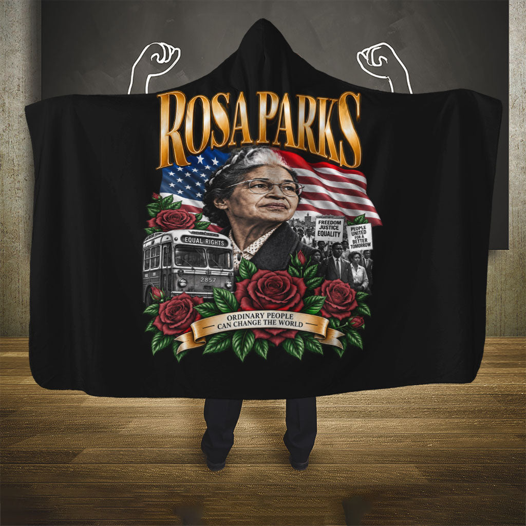 Rosa Parks Civil Rights Activist Hooded Blanket Vintage Bus American Flag And Red Roses Tribute Art