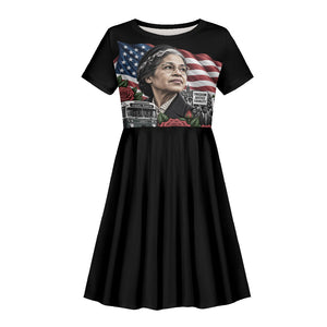 Rosa Parks Civil Rights Activist Kid Short Sleeve Dress Vintage Bus American Flag And Red Roses Tribute Art