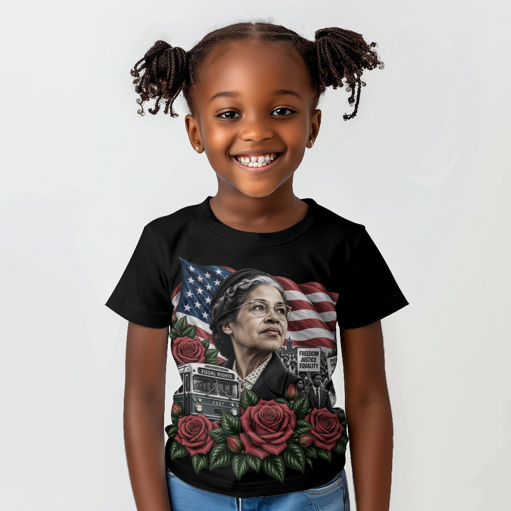 Rosa Parks Civil Rights Activist Kid T shirt Vintage Bus American Flag And Red Roses Tribute Art