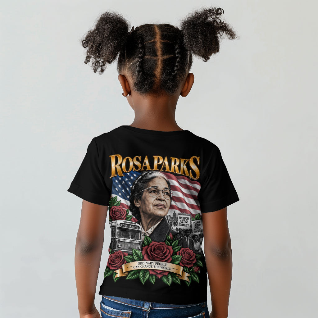 Rosa Parks Civil Rights Activist Kid T shirt Vintage Bus American Flag And Red Roses Tribute Art