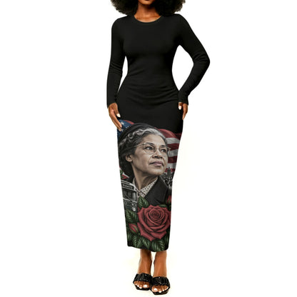 Rosa Parks Civil Rights Activist Long Sleeve Bodycon Dress Vintage Bus American Flag And Red Roses Tribute Art