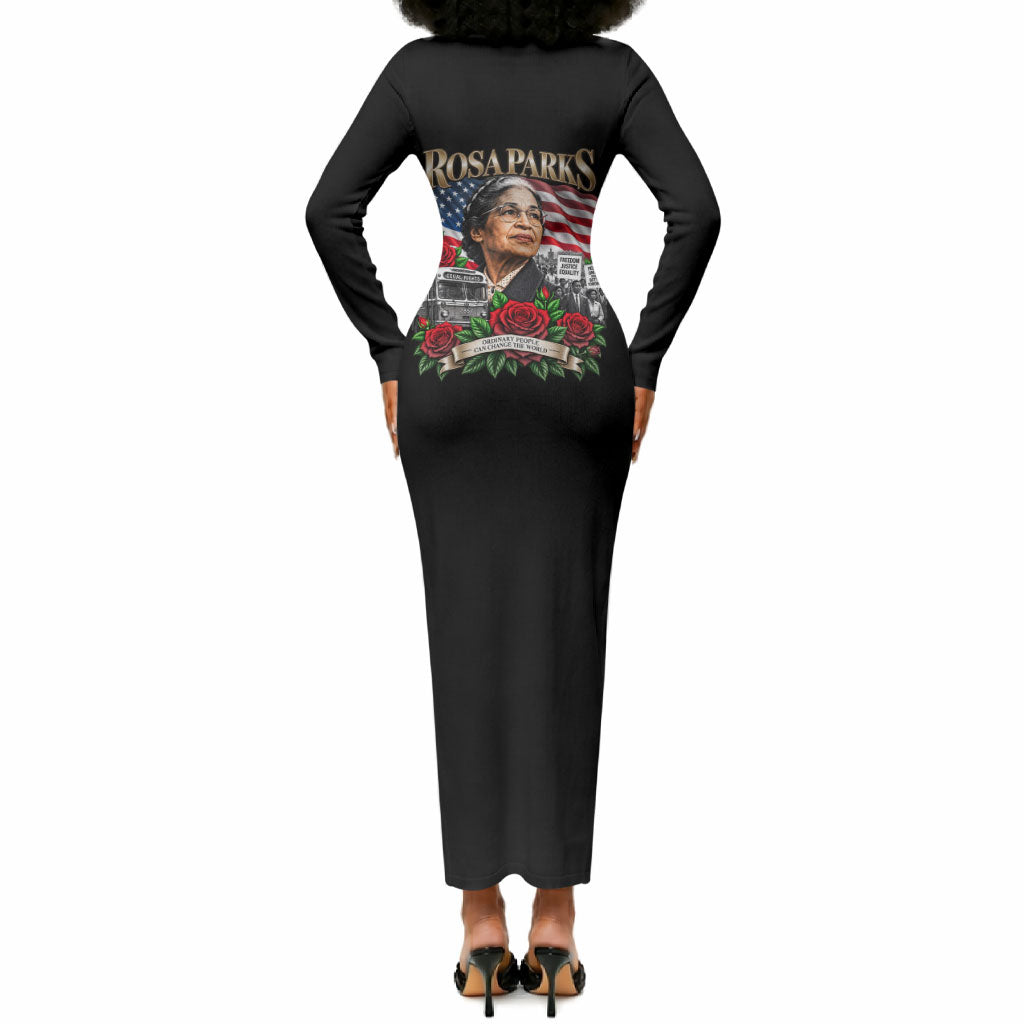 Rosa Parks Civil Rights Activist Long Sleeve Bodycon Dress Vintage Bus American Flag And Red Roses Tribute Art