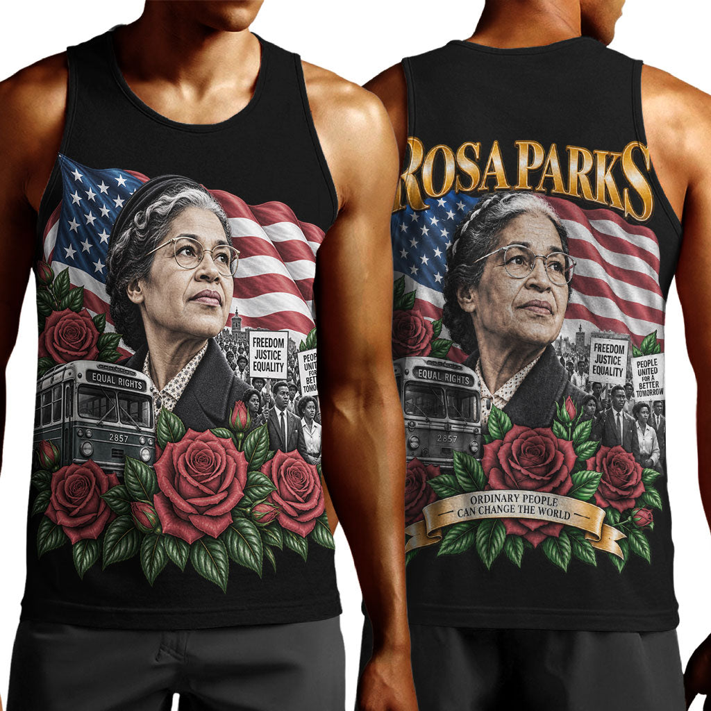 Rosa Parks Civil Rights Activist Men Tank Top Vintage Bus American Flag And Red Roses Tribute Art