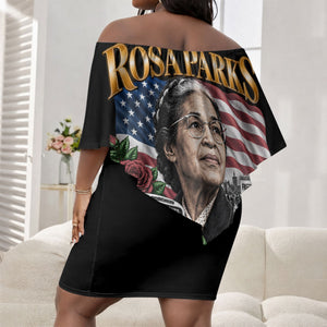 Rosa Parks Civil Rights Activist Off Shoulder Short Dress Vintage Bus American Flag And Red Roses Tribute Art