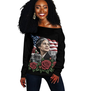 Rosa Parks Civil Rights Activist Off Shoulder Sweater Vintage Bus American Flag And Red Roses Tribute Art