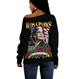 Rosa Parks Civil Rights Activist Off Shoulder Sweater Vintage Bus American Flag And Red Roses Tribute Art
