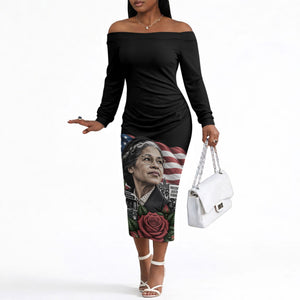 Rosa Parks Civil Rights Activist Off The Shoulder Long Sleeve Dress Vintage Bus American Flag And Red Roses Tribute Art