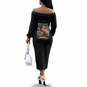 Rosa Parks Civil Rights Activist Off The Shoulder Long Sleeve Dress Vintage Bus American Flag And Red Roses Tribute Art