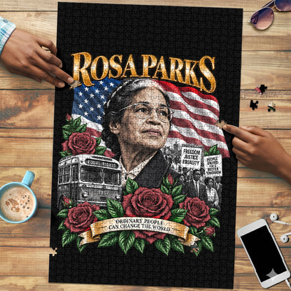 Rosa Parks Civil Rights Activist Puzzle Vintage Bus American Flag And Red Roses Tribute Art