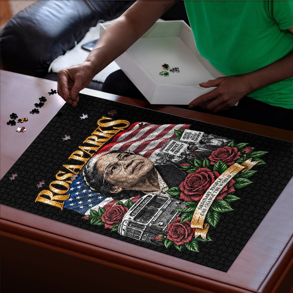 Rosa Parks Civil Rights Activist Puzzle Vintage Bus American Flag And Red Roses Tribute Art