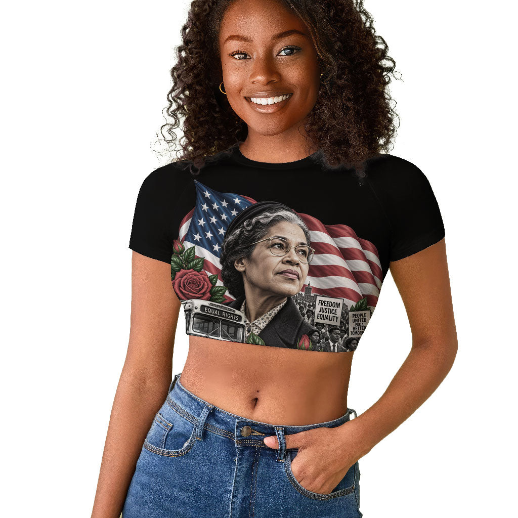 Rosa Parks Civil Rights Activist Raglan Cropped T shirt Vintage Bus American Flag And Red Roses Tribute Art