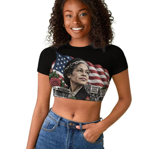 Rosa Parks Civil Rights Activist Raglan Cropped T shirt Vintage Bus American Flag And Red Roses Tribute Art