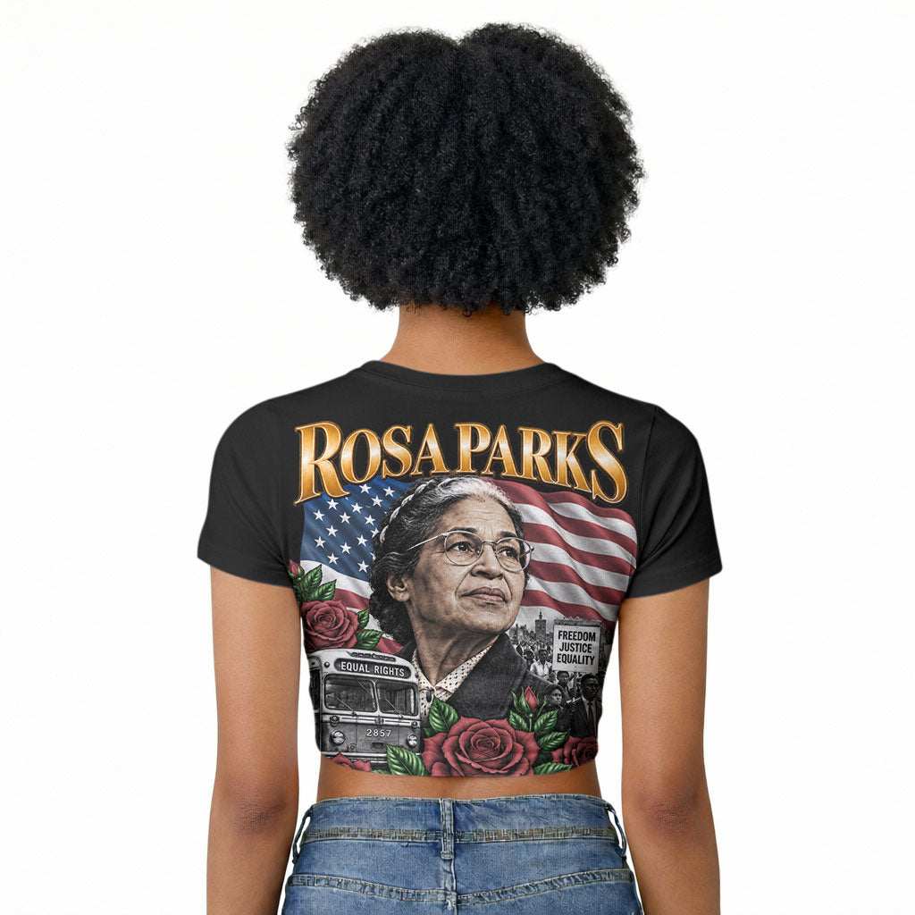 Rosa Parks Civil Rights Activist Raglan Cropped T shirt Vintage Bus American Flag And Red Roses Tribute Art