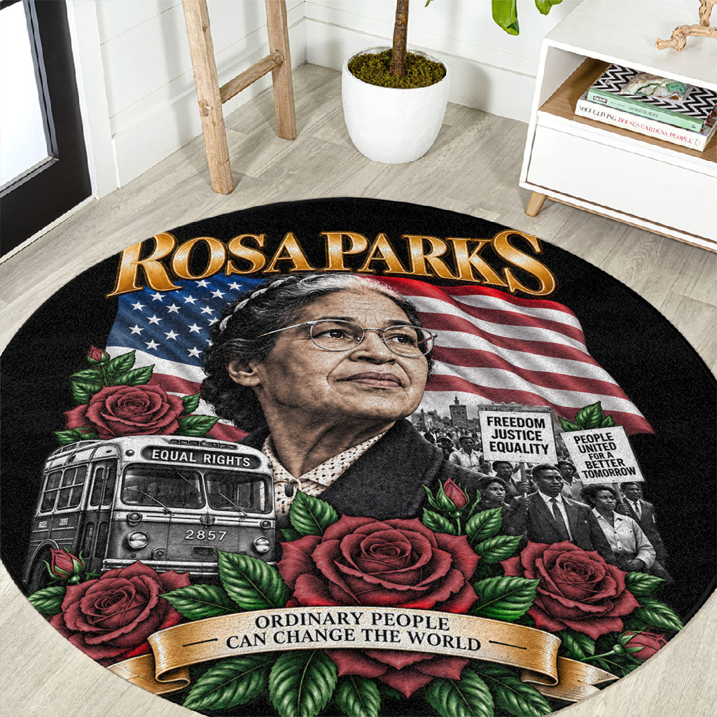Rosa Parks Civil Rights Activist Round Carpet Vintage Bus American Flag And Red Roses Tribute Art