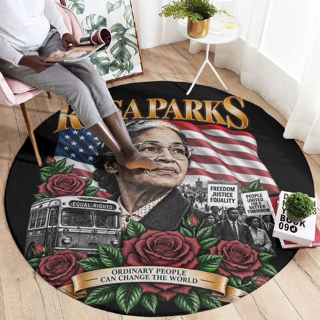 Rosa Parks Civil Rights Activist Round Carpet Vintage Bus American Flag And Red Roses Tribute Art