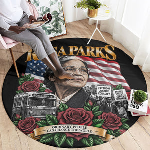 Rosa Parks Civil Rights Activist Round Carpet Vintage Bus American Flag And Red Roses Tribute Art