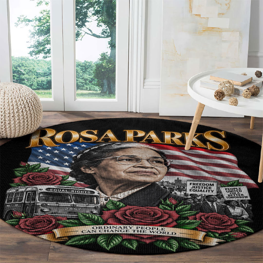 Rosa Parks Civil Rights Activist Round Carpet Vintage Bus American Flag And Red Roses Tribute Art