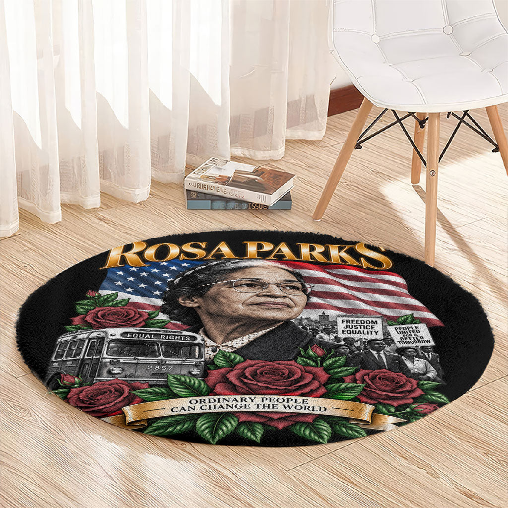 Rosa Parks Civil Rights Activist Round Carpet Vintage Bus American Flag And Red Roses Tribute Art
