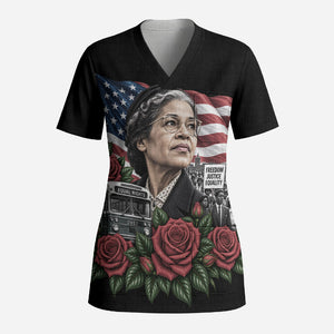 Rosa Parks Civil Rights Activist Scrub Top Vintage Bus American Flag And Red Roses Tribute Art