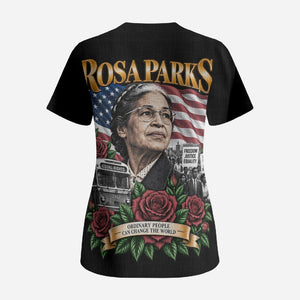 Rosa Parks Civil Rights Activist Scrub Top Vintage Bus American Flag And Red Roses Tribute Art