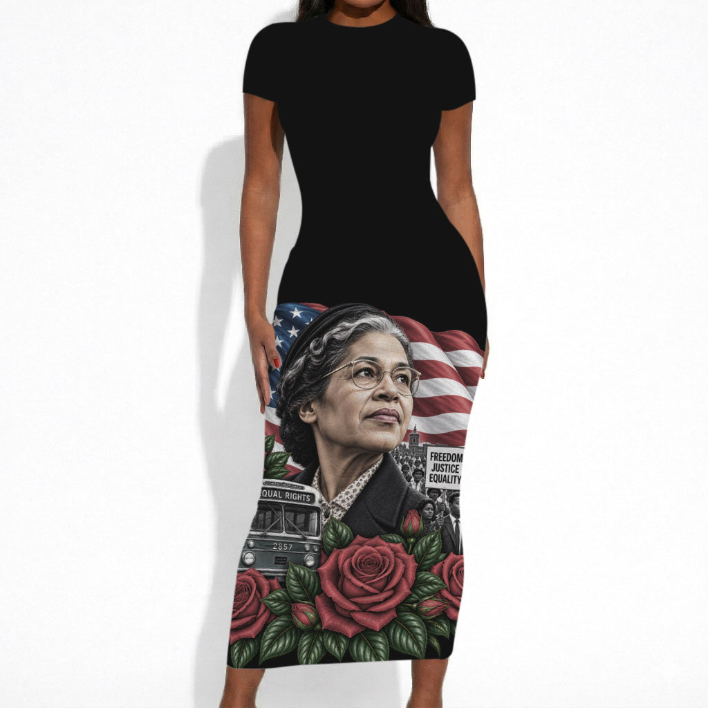 Rosa Parks Civil Rights Activist Short Sleeve Bodycon Dress Vintage Bus American Flag And Red Roses Tribute Art