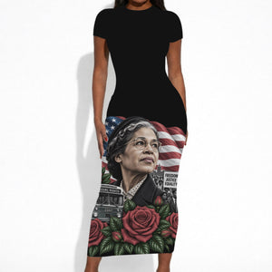 Rosa Parks Civil Rights Activist Short Sleeve Bodycon Dress Vintage Bus American Flag And Red Roses Tribute Art
