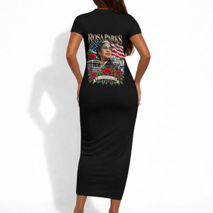 Rosa Parks Civil Rights Activist Short Sleeve Bodycon Dress Vintage Bus American Flag And Red Roses Tribute Art