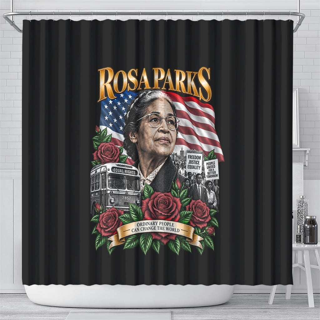 Rosa Parks Civil Rights Activist Shower Curtain Vintage Bus American Flag And Red Roses Tribute Art