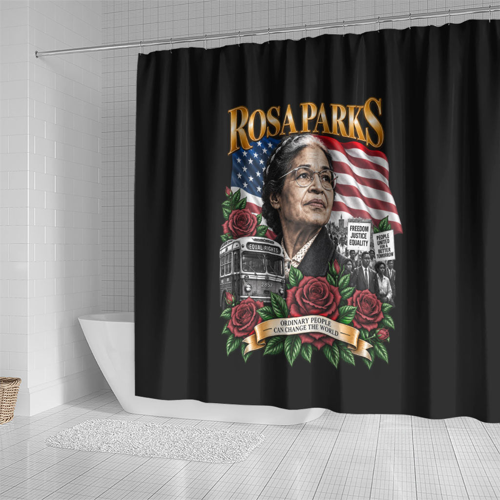 Rosa Parks Civil Rights Activist Shower Curtain Vintage Bus American Flag And Red Roses Tribute Art
