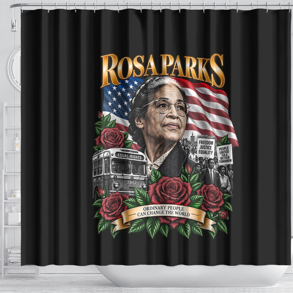Rosa Parks Civil Rights Activist Shower Curtain Vintage Bus American Flag And Red Roses Tribute Art