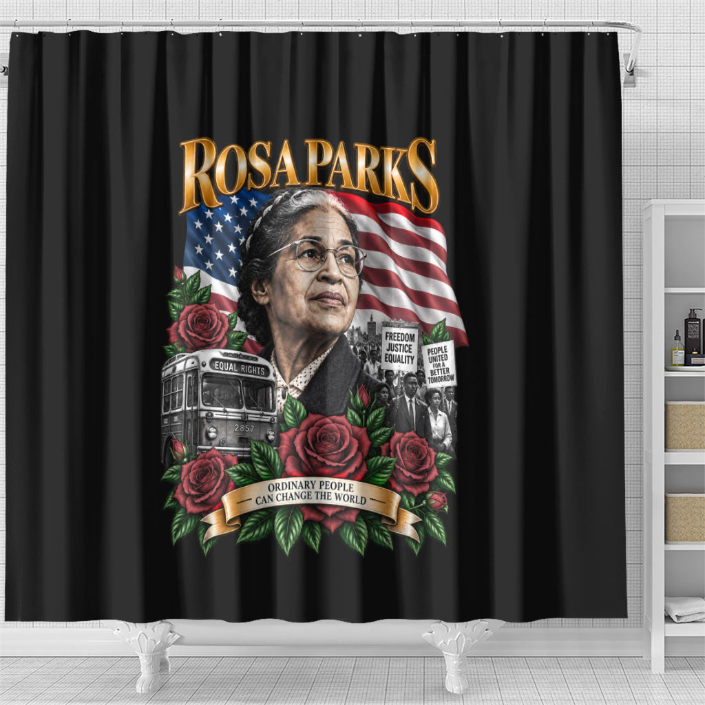 Rosa Parks Civil Rights Activist Shower Curtain Vintage Bus American Flag And Red Roses Tribute Art