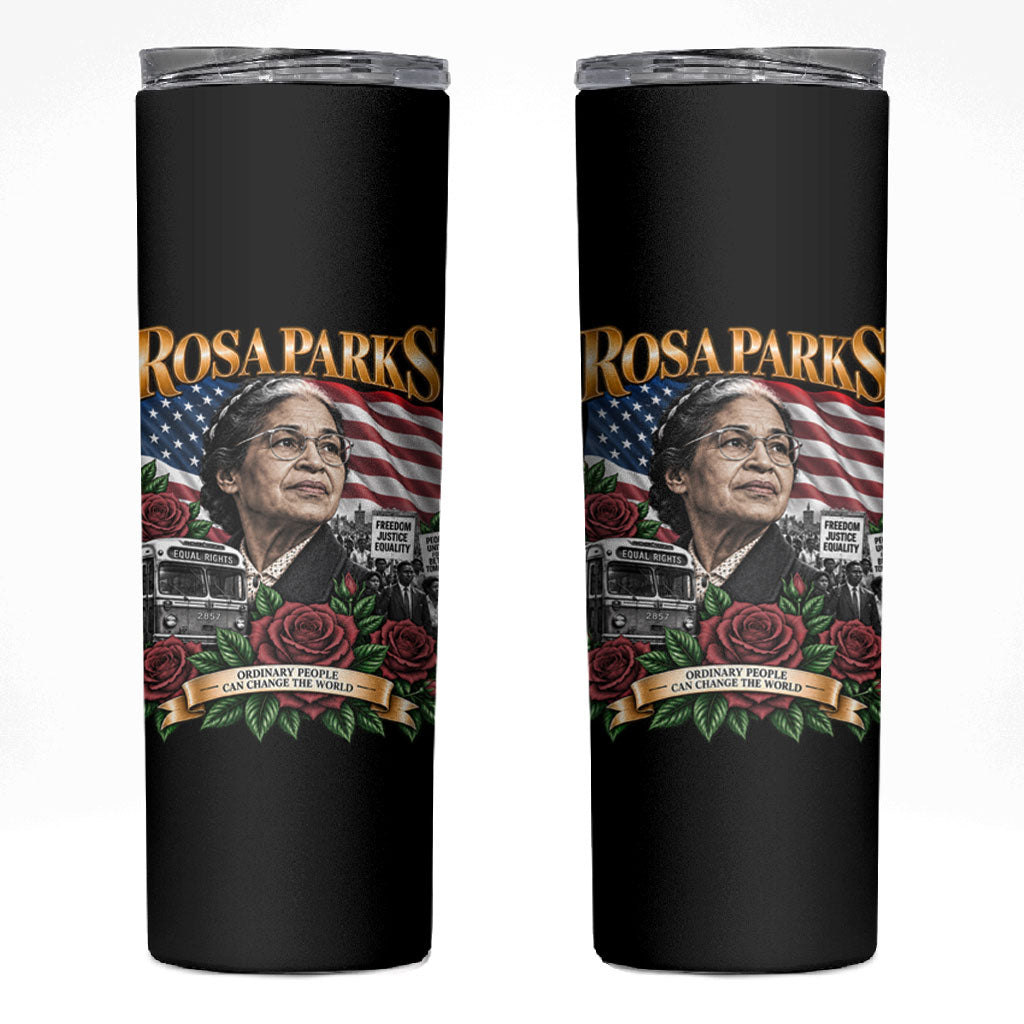 Rosa Parks Civil Rights Activist Skinny Tumbler Vintage Bus American Flag And Red Roses Tribute Art