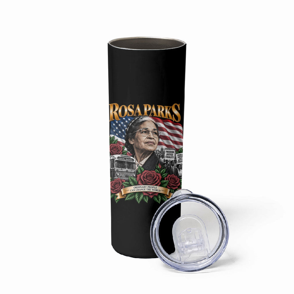 Rosa Parks Civil Rights Activist Skinny Tumbler Vintage Bus American Flag And Red Roses Tribute Art