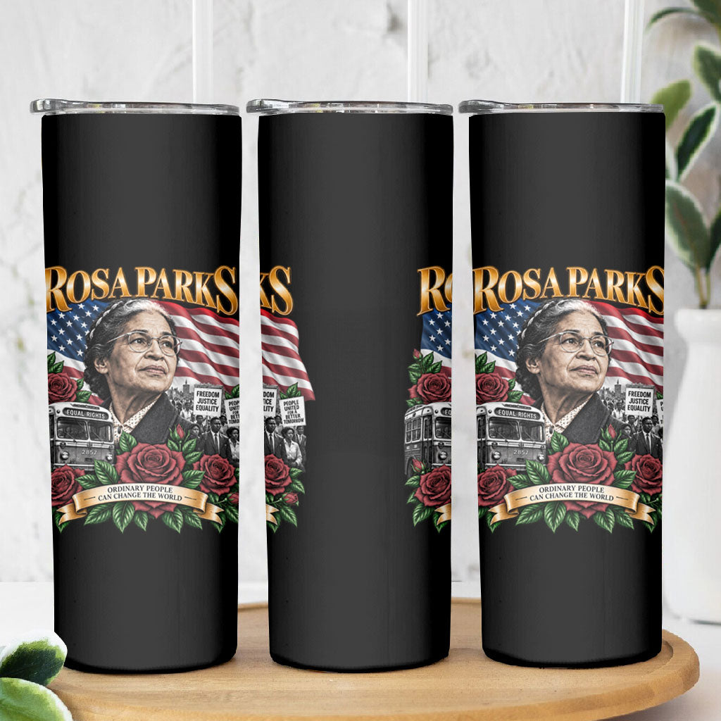 Rosa Parks Civil Rights Activist Skinny Tumbler Vintage Bus American Flag And Red Roses Tribute Art