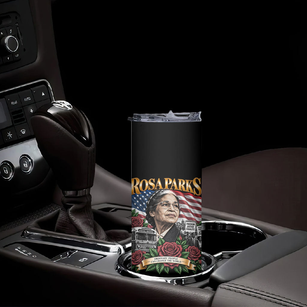 Rosa Parks Civil Rights Activist Skinny Tumbler Vintage Bus American Flag And Red Roses Tribute Art